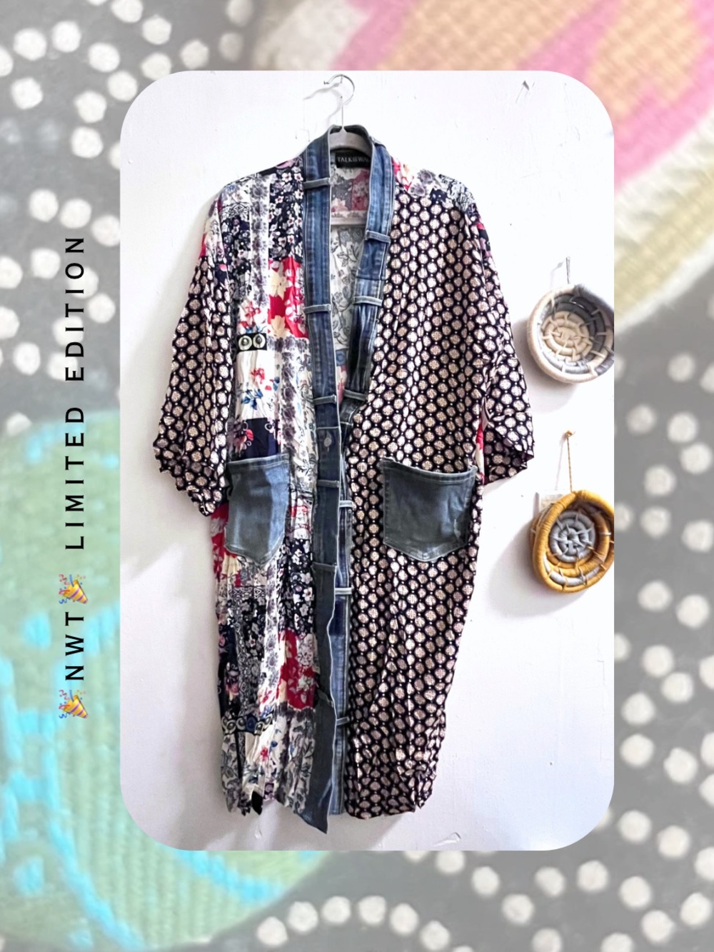nwt🆕shannon passero denim trim mixed media patchwork boho kimono cardigan jacket